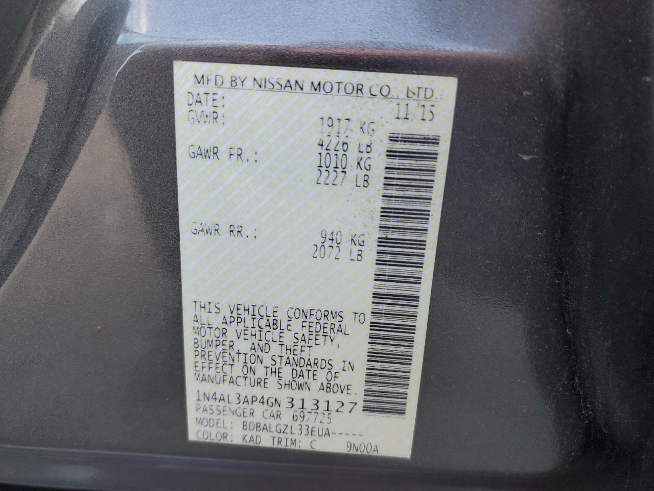 2016 Nissan Altima 2.5 Copart, lot number: 88407805, vin: 1N4AL3AP4GN313127. Thumbnail 12