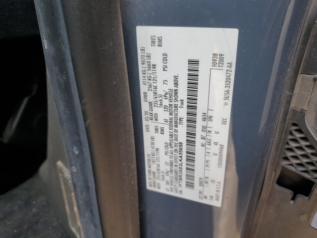 2020 Ford Transit T-250 Copart, lot number: 85759994, vin: 1FTBR3X83LKA55658. Thumbnail 13