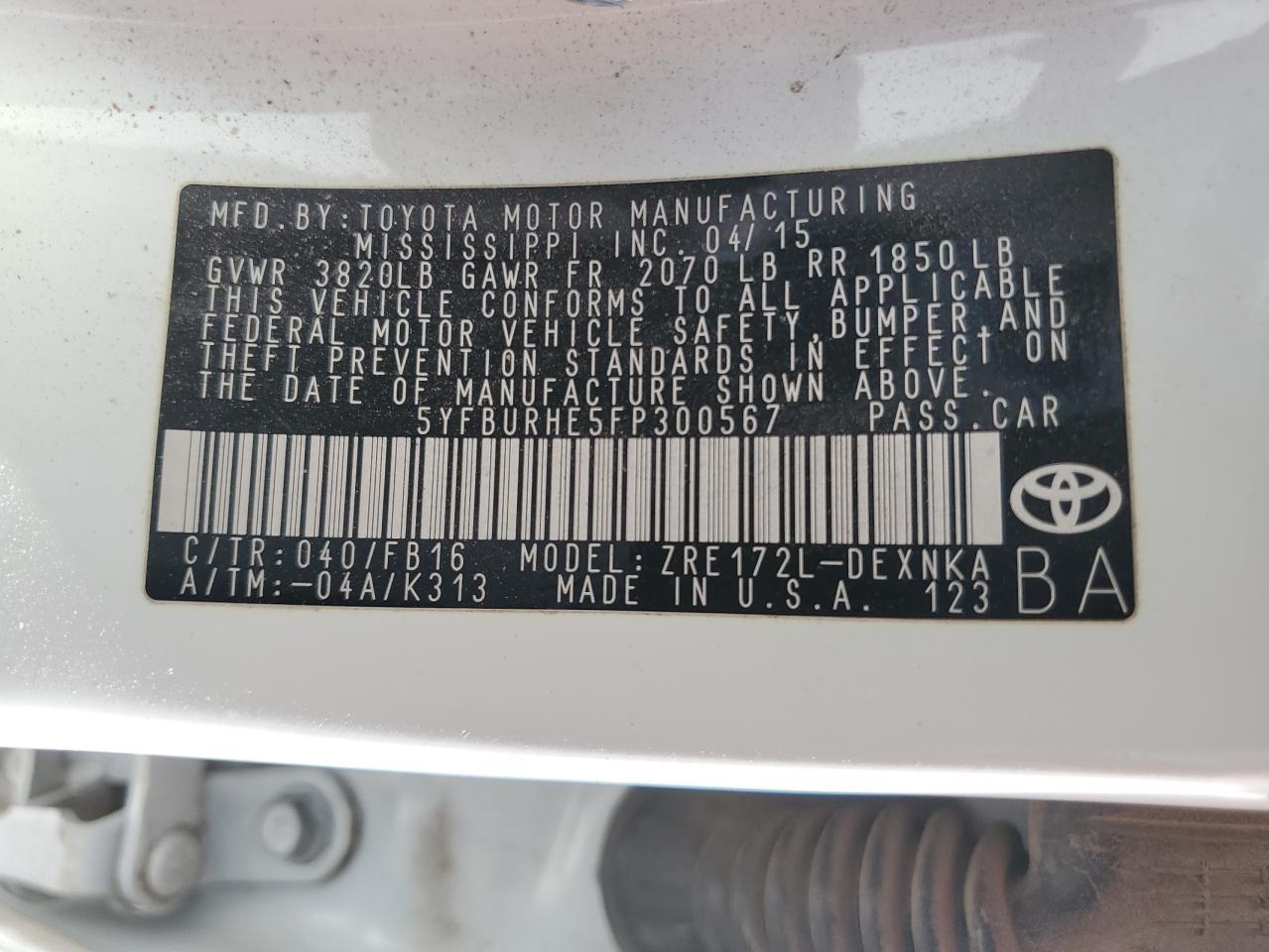 2015 Toyota Corolla L Copart, lot number: 46089925, vin: 5YFBURHE5FP300567. Thumbnail 13