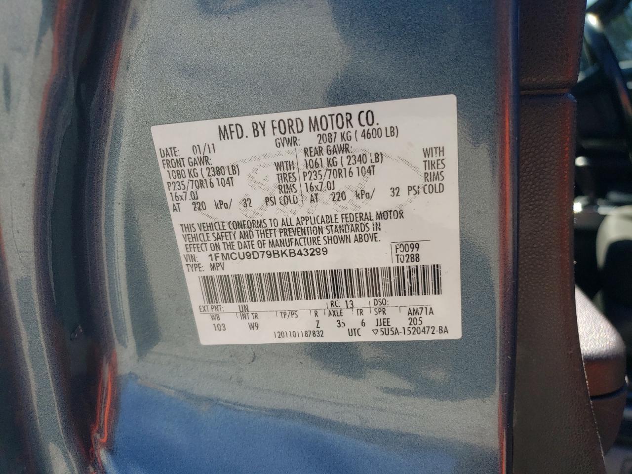 2011 Ford Escape Xlt Copart, lot number: 46063945, vin: 1FMCU9D79BKB43299. Thumbnail 14