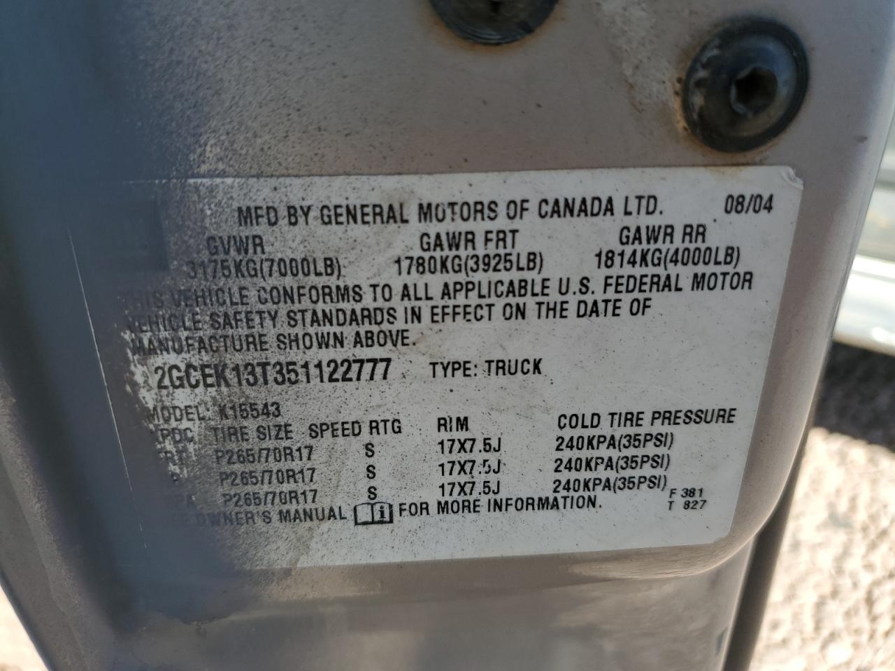 2005 Chevrolet Silverado K1500 Copart, lot number: 51078035, vin: 2GCEK13T351122777. Thumbnail 12