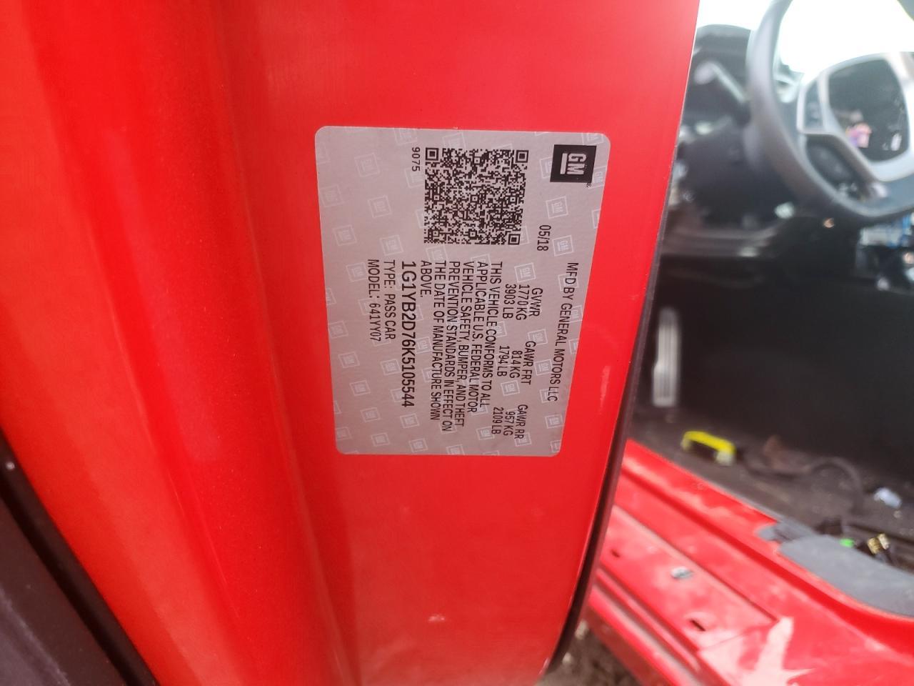 2019 Chevrolet Corvette Stingray 1Lt Copart, lot number: 49136765, vin: 1G1YB2D76K5105544. Thumbnail 12