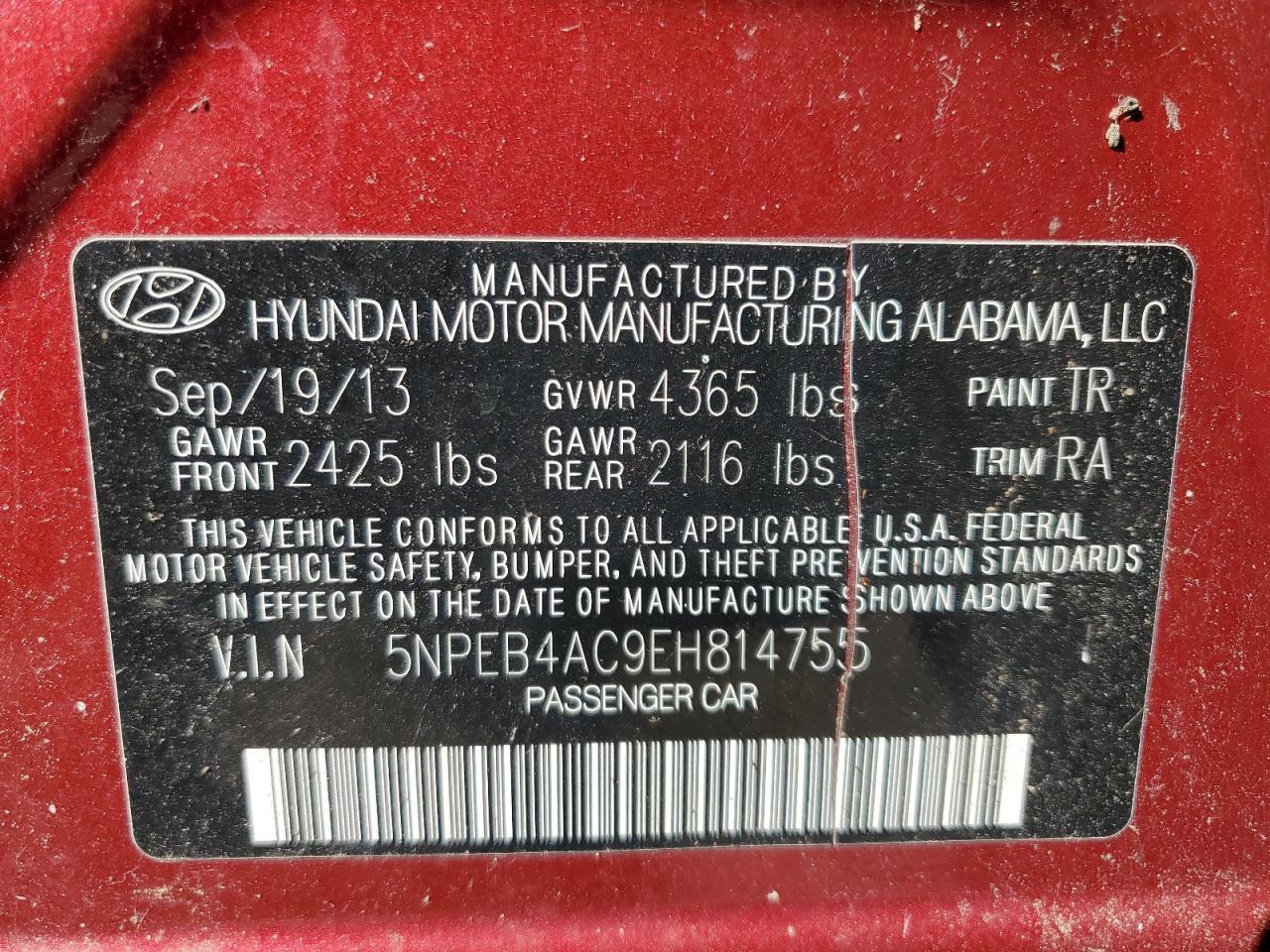 2014 Hyundai Sonata Gls Copart, lot number: 50394035, vin: 5NPEB4AC9EH814755. Thumbnail 12