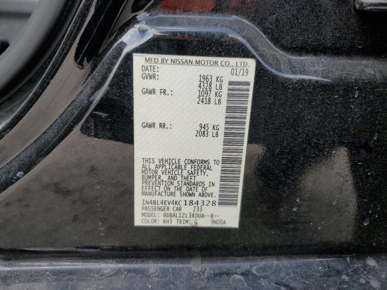 2019 Nissan Altima Sl Copart, lot number: 47409375, vin: 1N4BL4EV4KC184328. Thumbnail 12