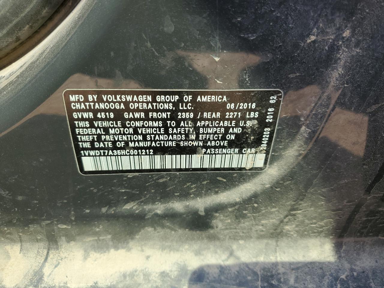 2017 Volkswagen Passat R-Line Copart, lot number: 56751375, vin: 1VWDT7A35HC001212. Thumbnail 12