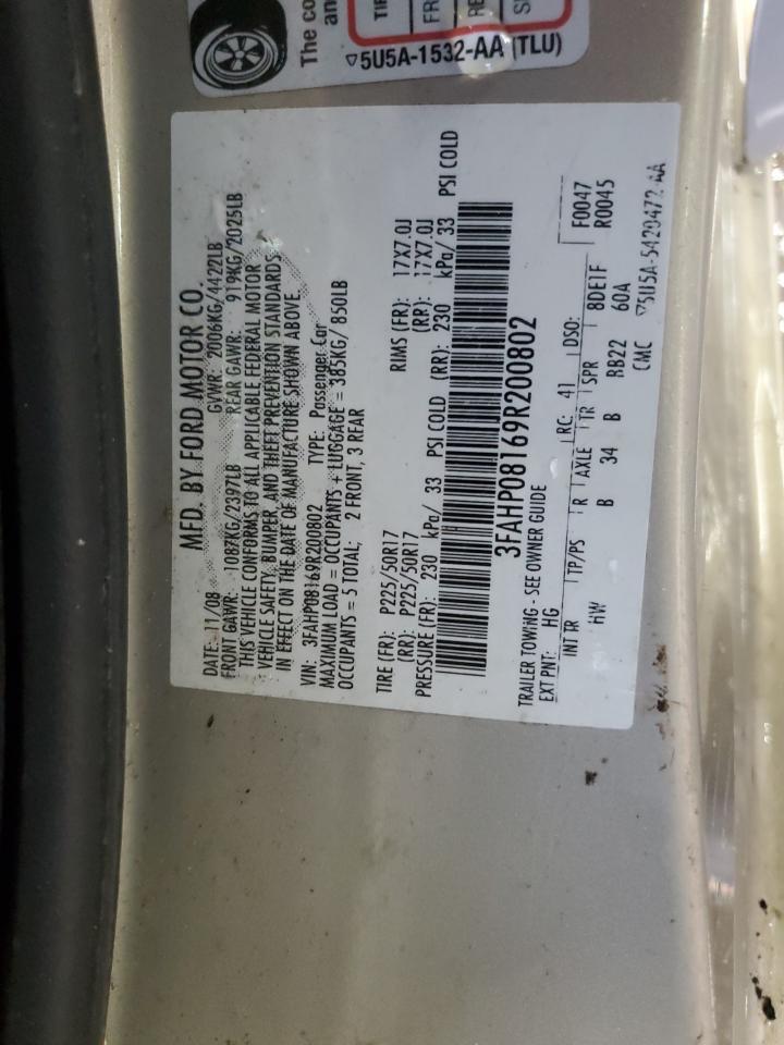 2009 Ford Fusion Sel Copart, lot number: 52353825, vin: 3FAHP08169R200802. Thumbnail 12