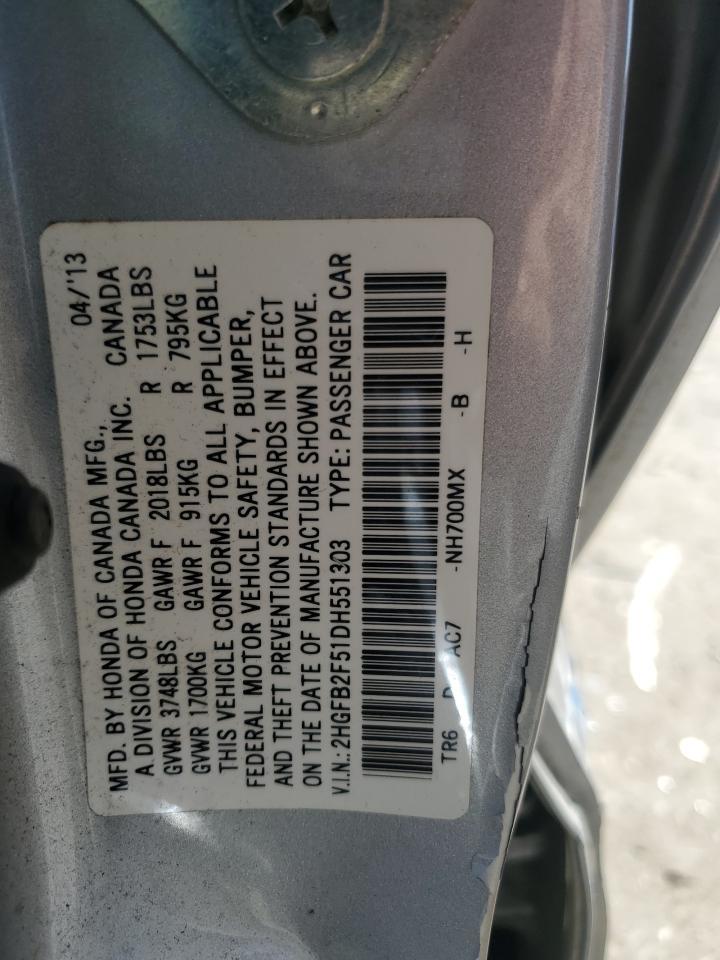 2013 Honda Civic Lx Copart, lot number: 56964845, vin: 2HGFB2F51DH551303. Thumbnail 13