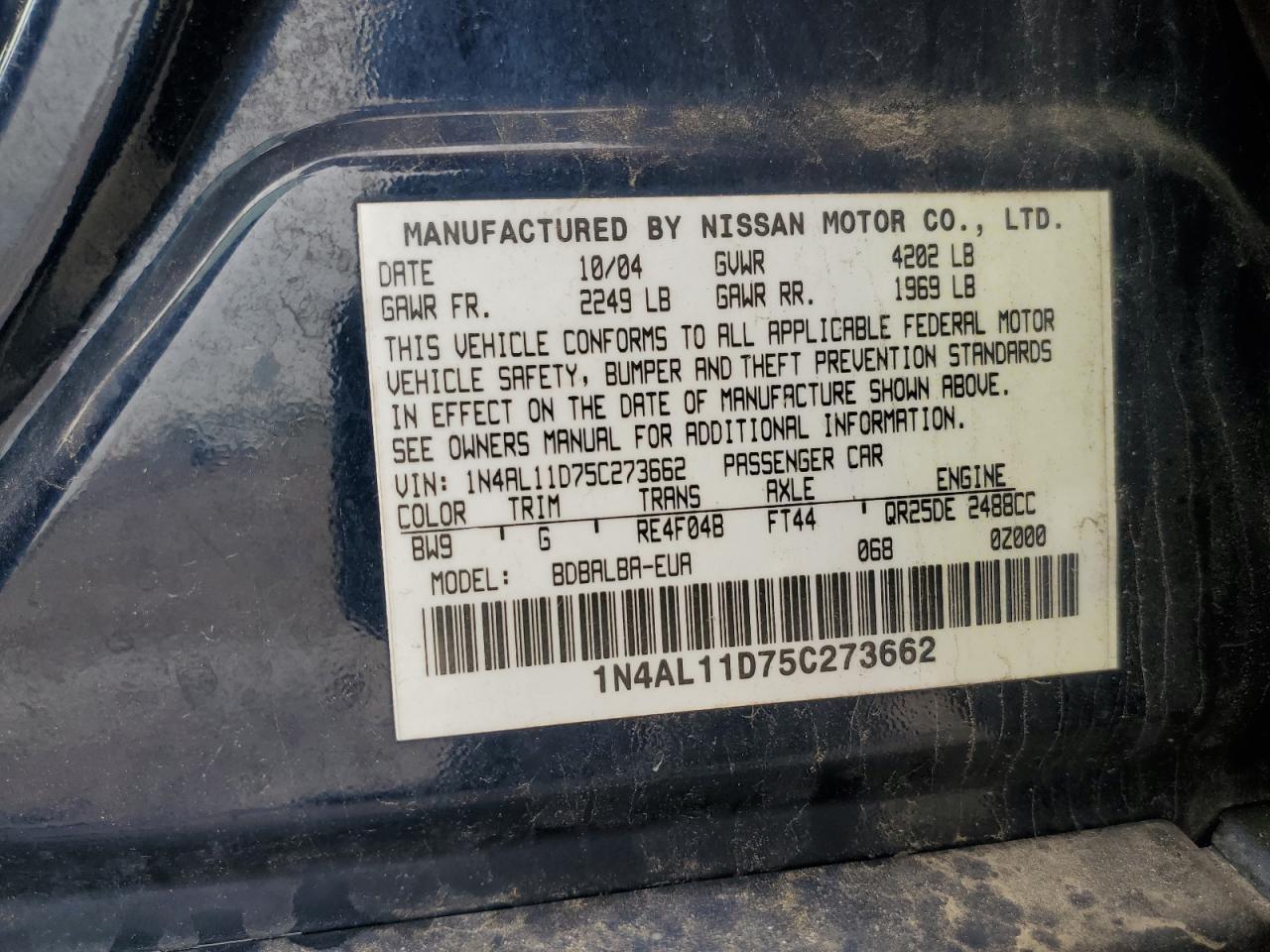 2005 Nissan Altima S Copart, lot number: 54126235, vin: 1N4AL11D75C273662. Thumbnail 12