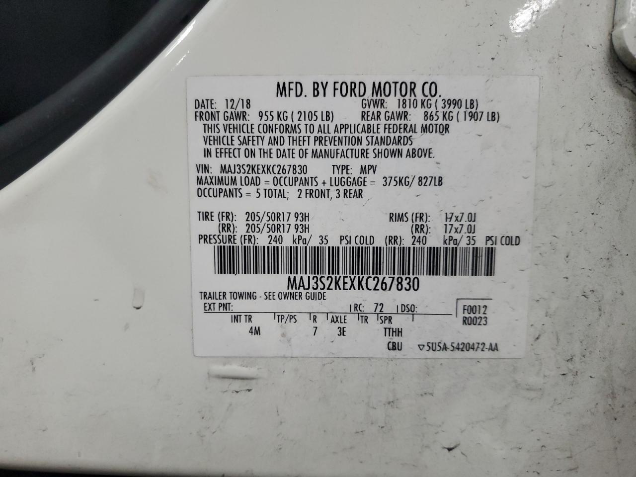 2019 Ford Ecosport Titanium Copart, lot number: 54742805, vin: MAJ3S2KEXKC267830. Thumbnail 14