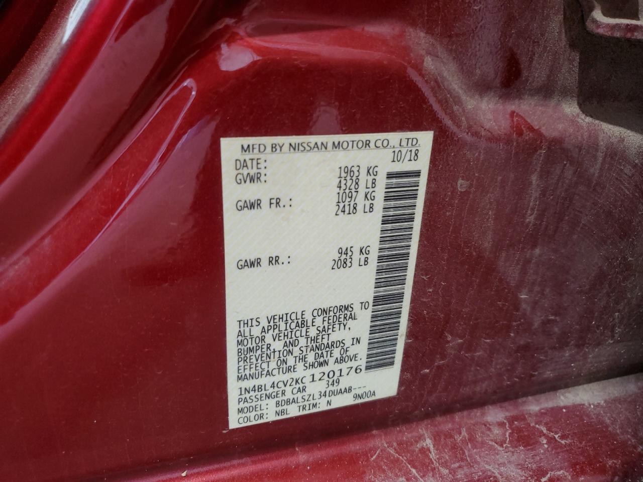 2019 Nissan Altima Sr Copart, lot number: 53816865, vin: 1N4BL4CV2KC120176. Thumbnail 12