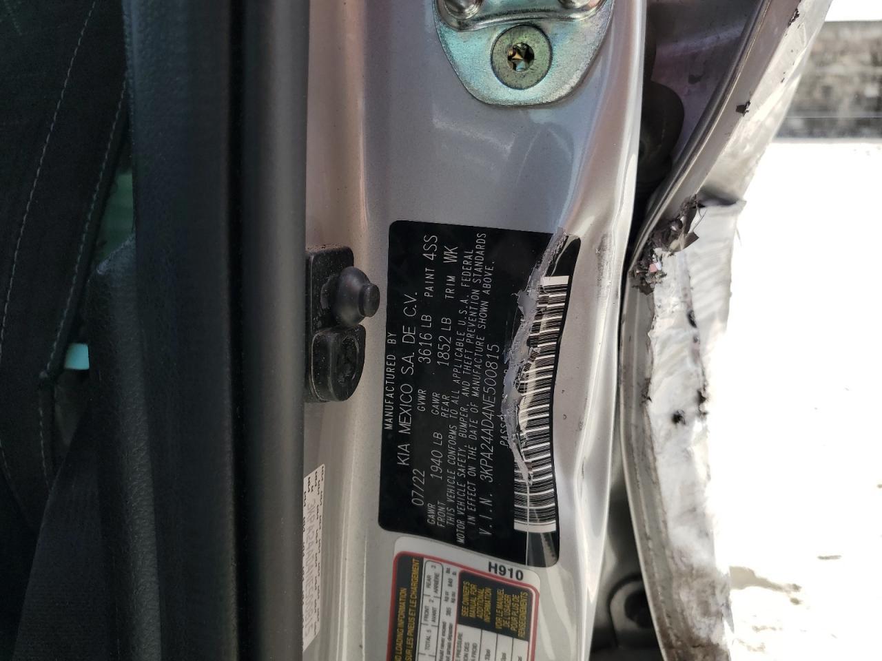 2022 Kia Rio Lx Copart, lot number: 53783955, vin: 3KPA24AD4NE500815. Thumbnail 12