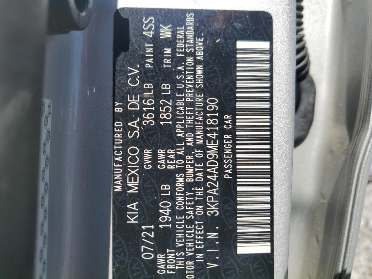 2021 Kia Rio Lx Copart, lot number: 52625015, vin: 3KPA24AD9ME418190. Thumbnail 13