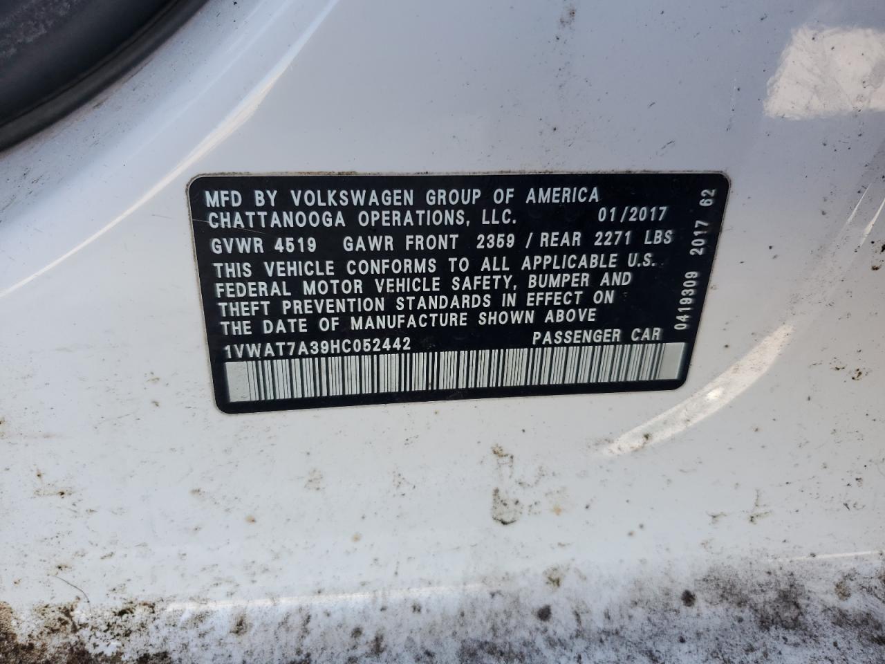 2017 Volkswagen Passat S Copart, lot number: 55334245, vin: 1VWAT7A39HC052442. Thumbnail 13