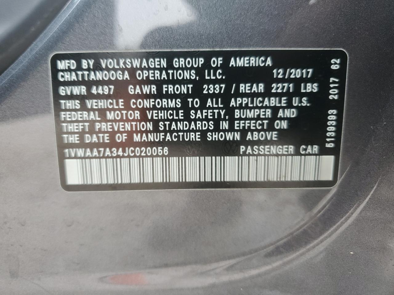 2018 Volkswagen Passat S Copart, lot number: 54820515, vin: 1VWAA7A34JC020056. Thumbnail 13