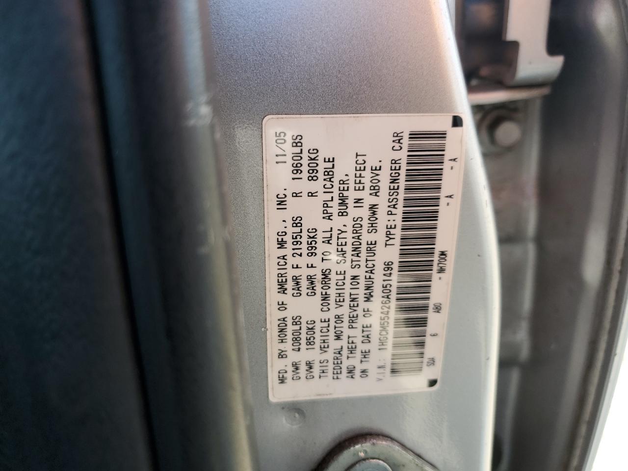 2006 Honda Accord Lx Copart, lot number: 54257435, vin: 1HGCM55426A051496. Thumbnail 12