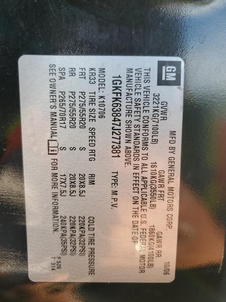 2007 GMC Yukon Denali Copart, lot number: 52628835, vin: 1GKFK63847J277381. Thumbnail 14