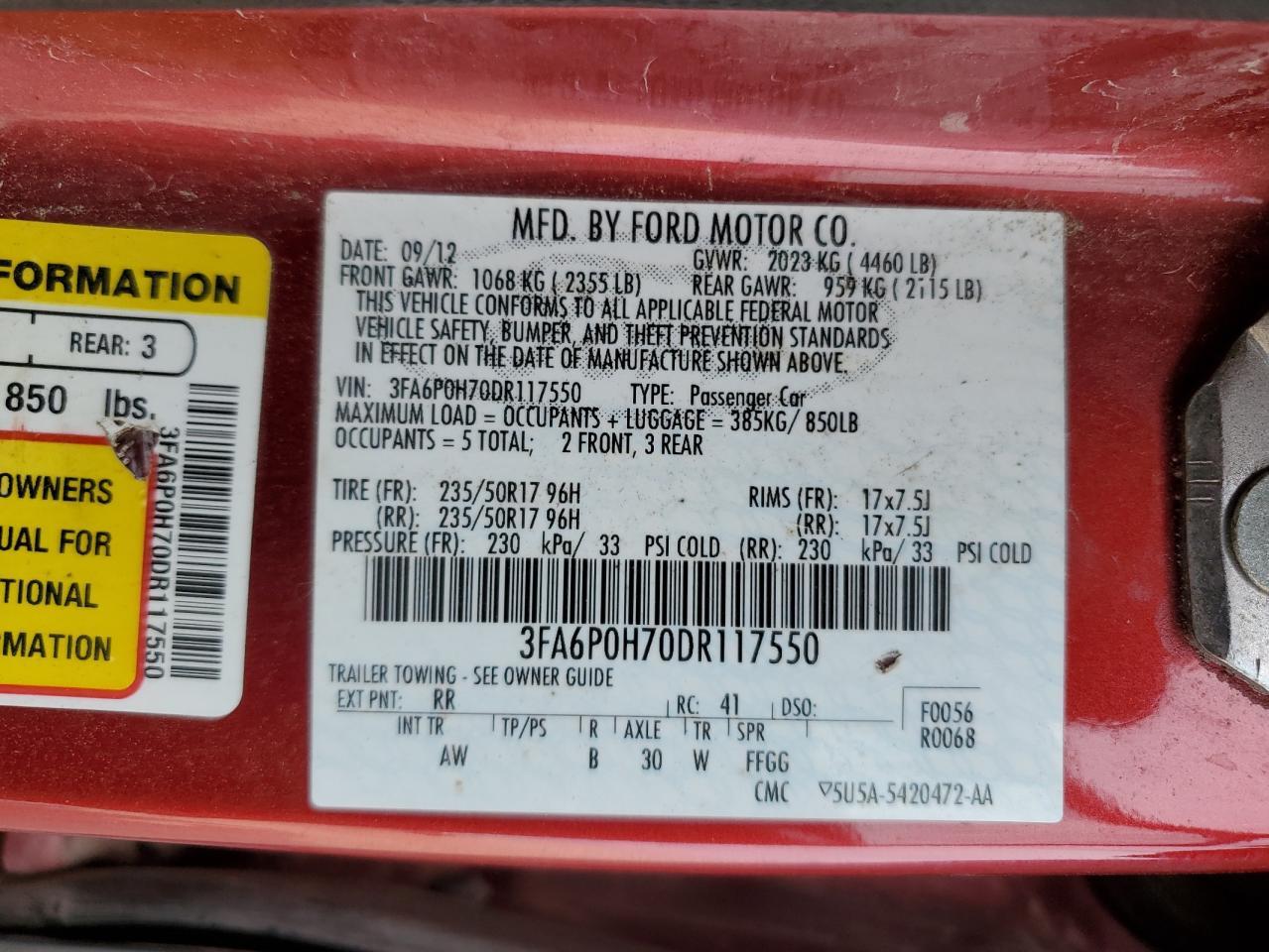 2013 Ford Fusion Se Copart, lot number: 54879635, vin: 3FA6P0H70DR117550. Thumbnail 12