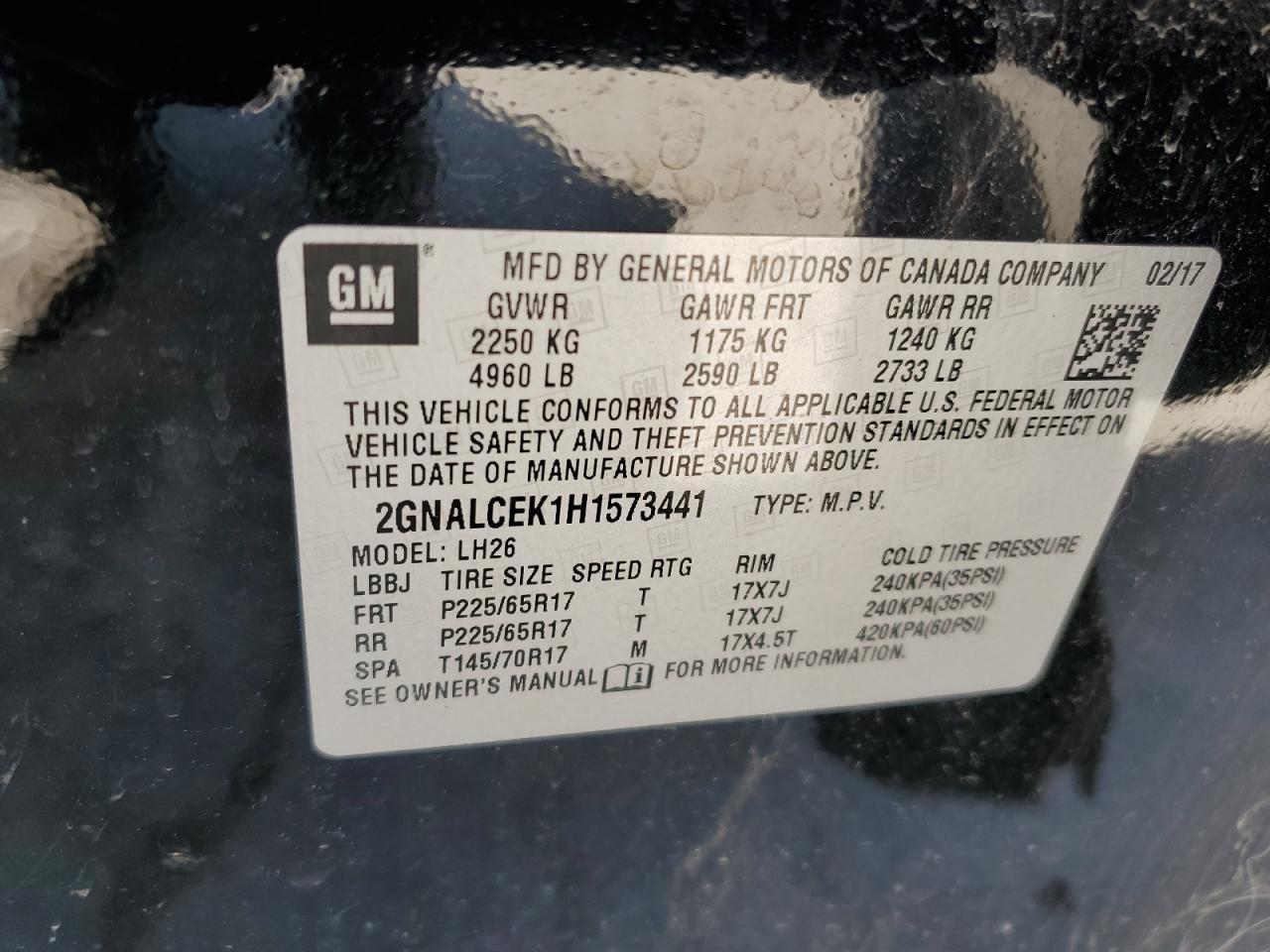 2017 Chevrolet Equinox Lt Copart, lot number: 50356885, vin: 2GNALCEK1H1573441. Thumbnail 12