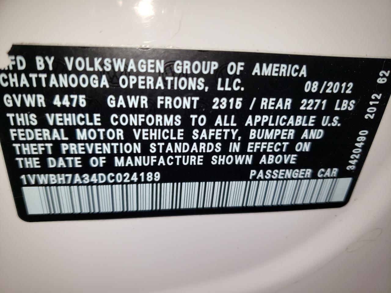 2013 Volkswagen Passat Se Copart, lot number: 53396335, vin: 1VWBH7A34DC024189. Thumbnail 12