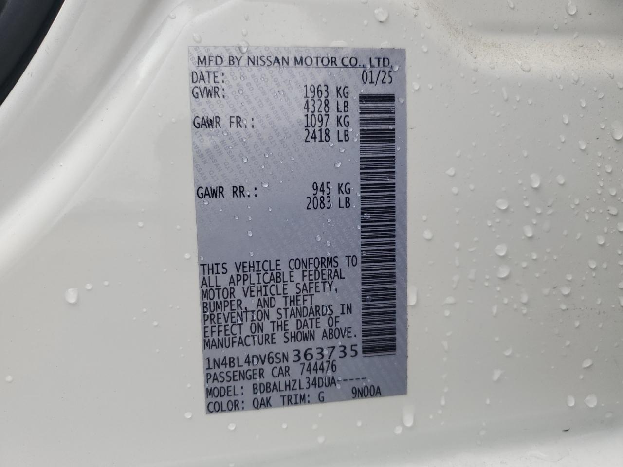 2025 Nissan Altima Sv Copart, lot number: 54174785, vin: 1N4BL4DV6SN363735. Thumbnail 12