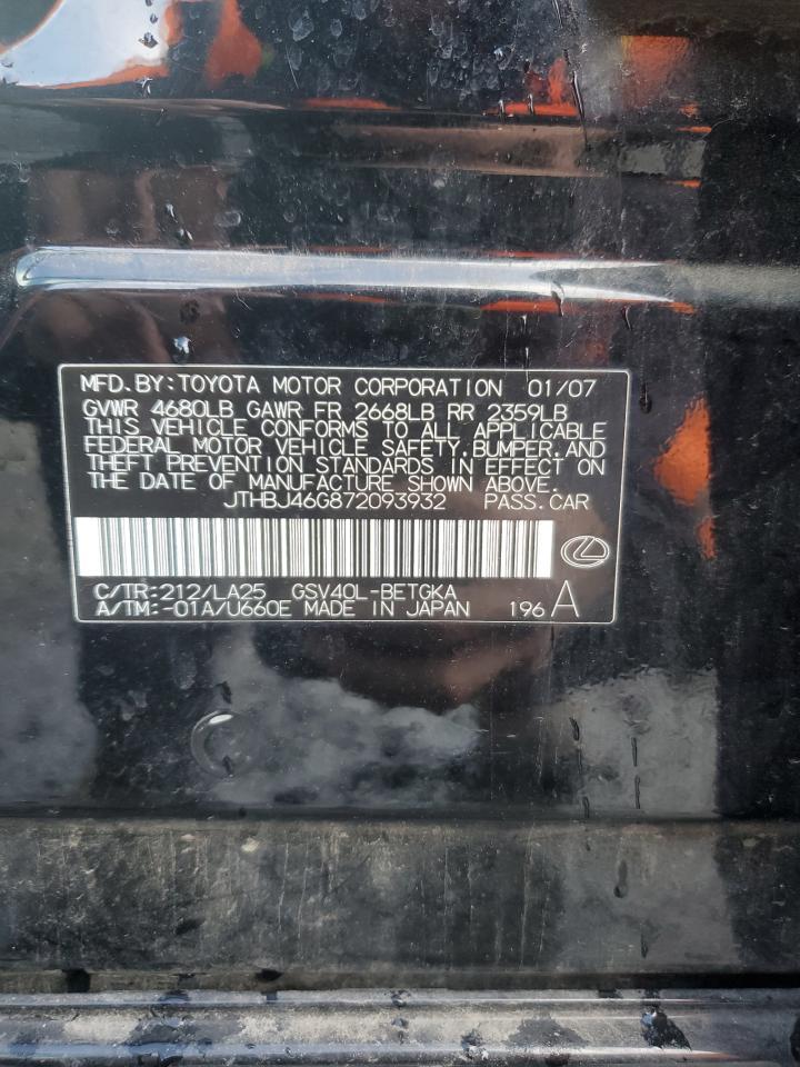 2007 Lexus Es 350 Copart, lot number: 51534595, vin: JTHBJ46G872093932. Thumbnail 12