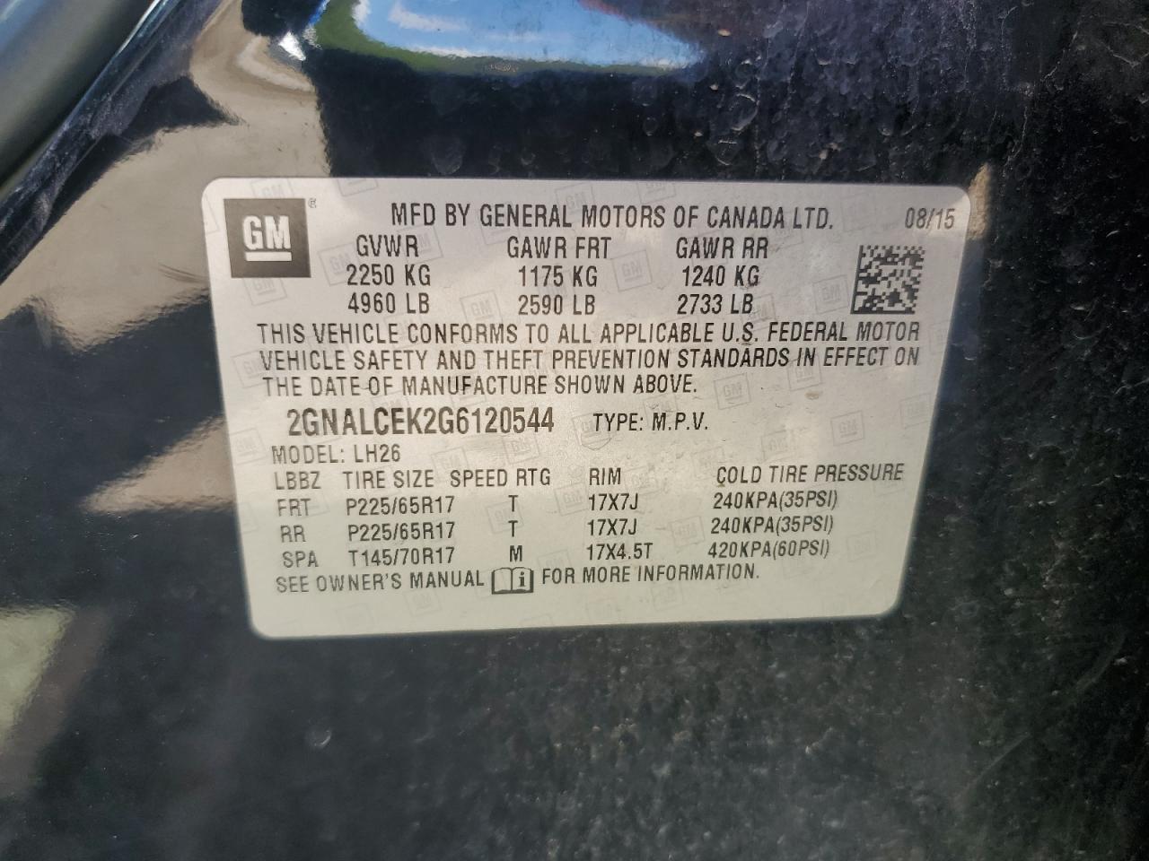 2016 Chevrolet Equinox Lt Copart, lot number: 52802685, vin: 2GNALCEK2G6120544. Thumbnail 14