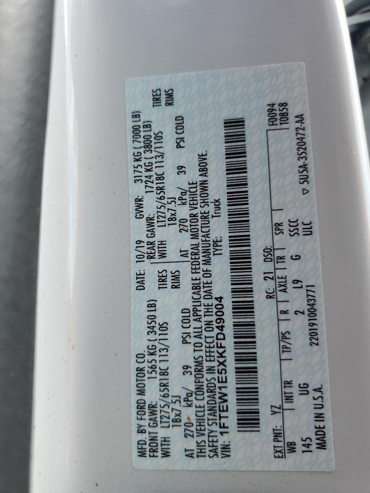 2019 Ford F150 Supercrew Copart, lot number: 54918545, vin: 1FTEW1E5XKFD49004. Thumbnail 13