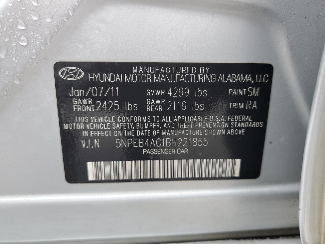 2011 Hyundai Sonata Gls Copart, lot number: 52198165, vin: 5NPEB4AC1BH221855. Thumbnail 12