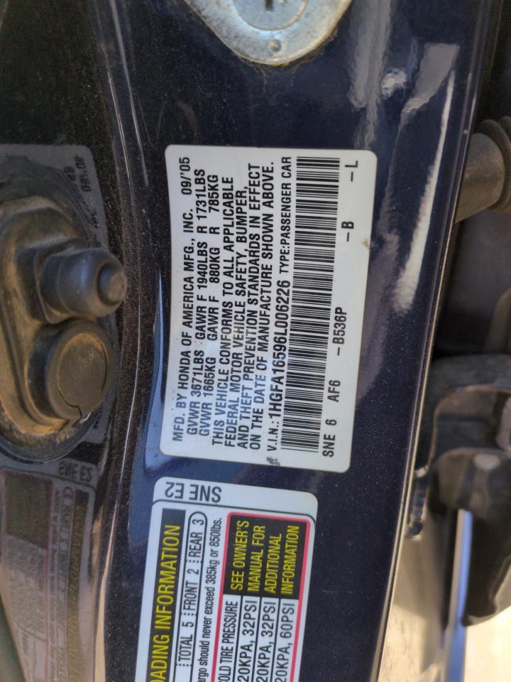 2006 Honda Civic Lx Copart, lot number: 52691255, vin: 1HGFA16596L006226. Thumbnail 12