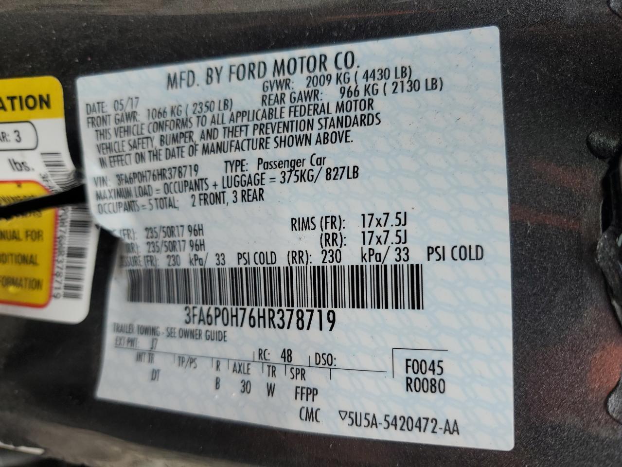 2017 Ford Fusion Se Copart, lot number: 52617845, vin: 3FA6P0H76HR378719. Thumbnail 13