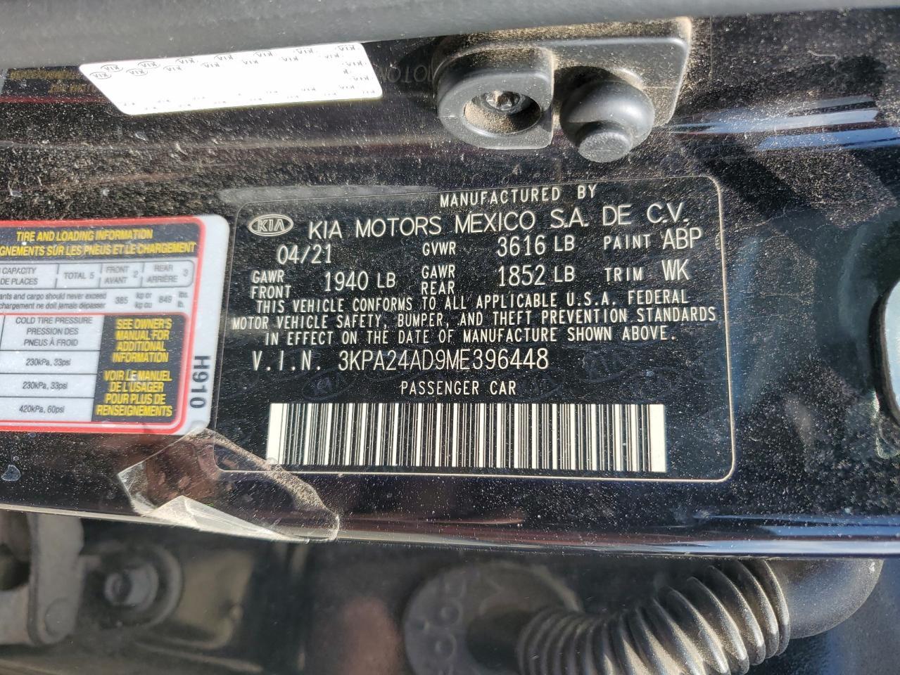 2021 Kia Rio Lx Copart, lot number: 53708365, vin: 3KPA24AD9ME396448. Thumbnail 12