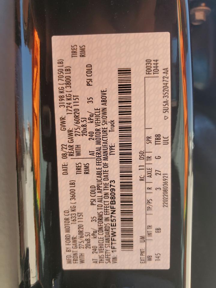 2022 Ford F150 Supercrew Copart, lot number: 52798375, vin: 1FTFW1E57NFB80973. Thumbnail 12