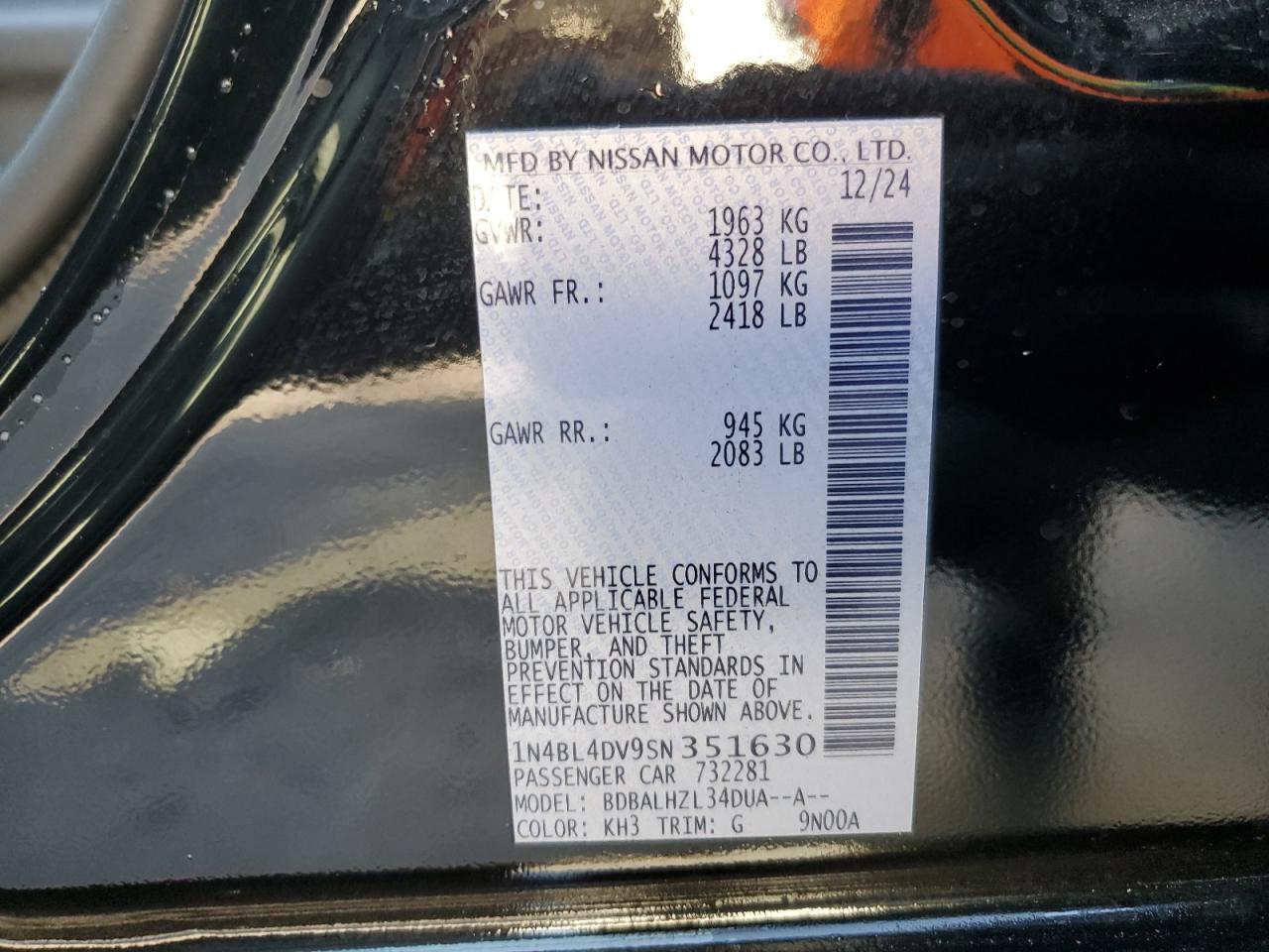 2025 Nissan Altima Sv Copart, lot number: 54365375, vin: 1N4BL4DV9SN351630. Thumbnail 12