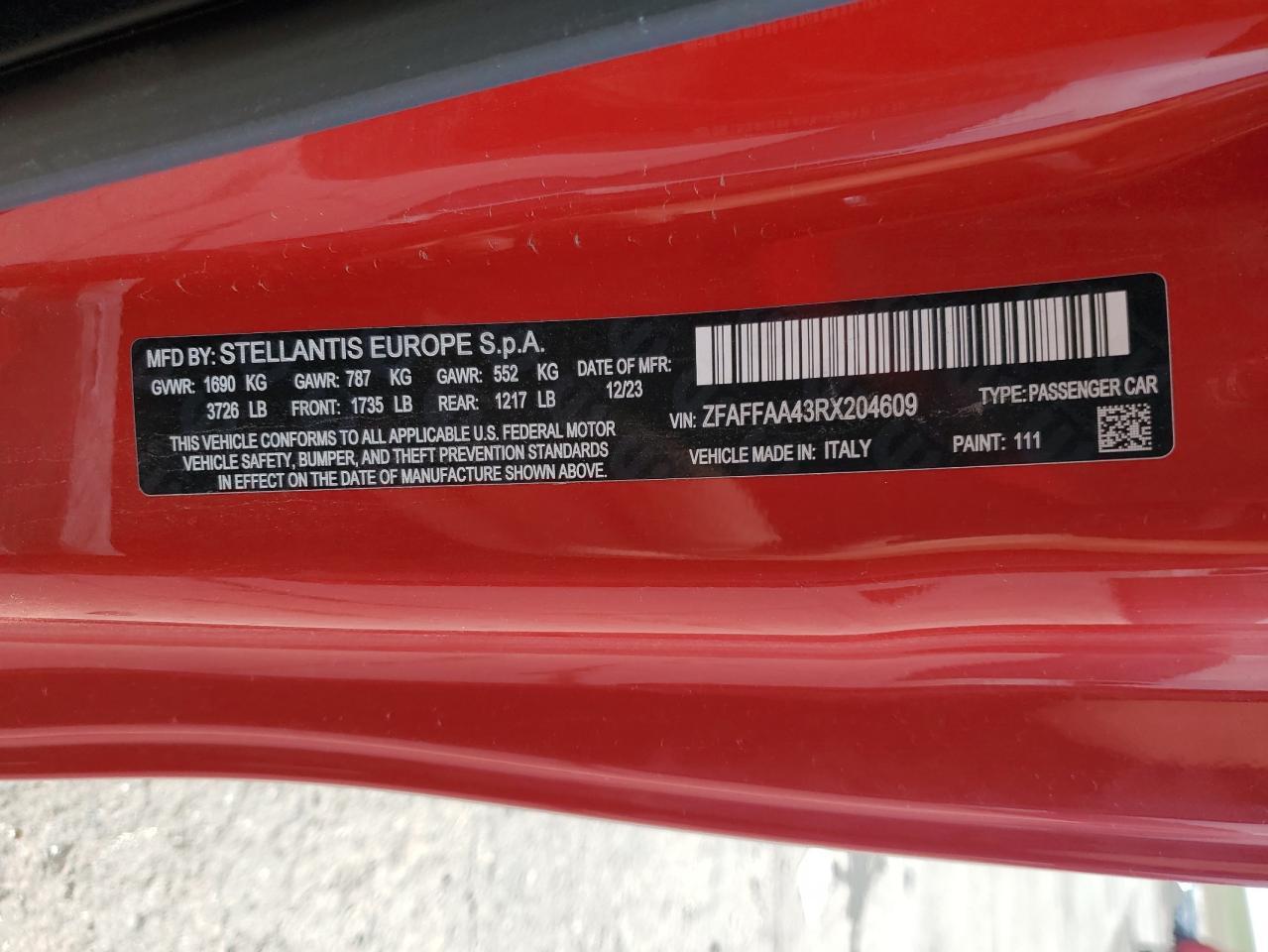 2024 Fiat 500 E Red Copart, lot number: 53130925, vin: ZFAFFAA43RX204609. Thumbnail 12