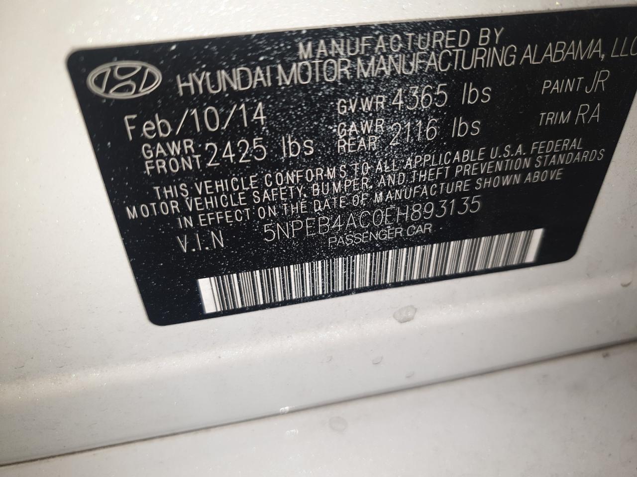 2014 Hyundai Sonata Gls Copart, lot number: 59406505, vin: 5NPEB4AC0EH893135. Thumbnail 12