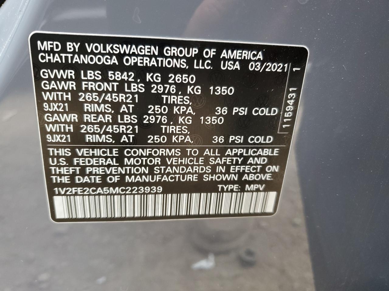 2021 Volkswagen Atlas Cross Sport Sel Premium R-Line Copart, lot number: 58376555, vin: 1V2FE2CA5MC223939. Thumbnail 12