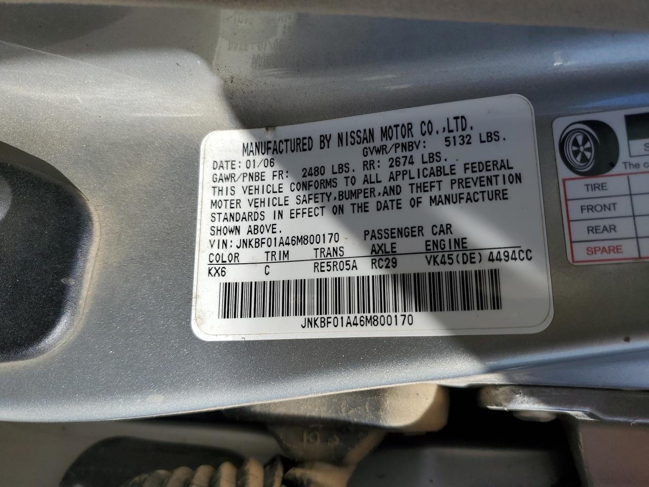 2006 Infiniti Q45 Copart, lot number: 57114275, vin: JNKBF01A46M800170. Thumbnail 12