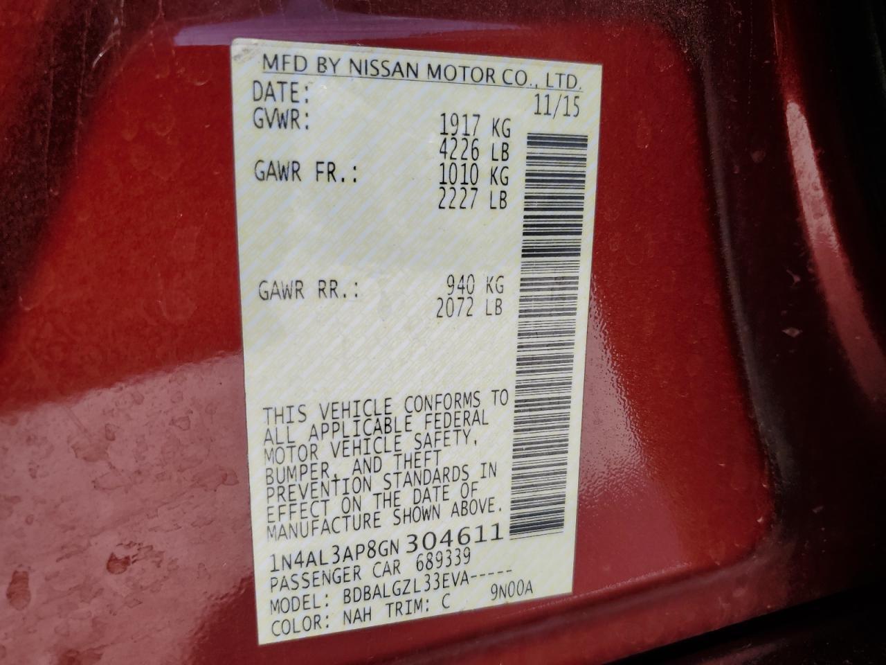 2016 Nissan Altima 2.5 Copart, lot number: 56594895, vin: 1N4AL3AP8GN304611. Thumbnail 12