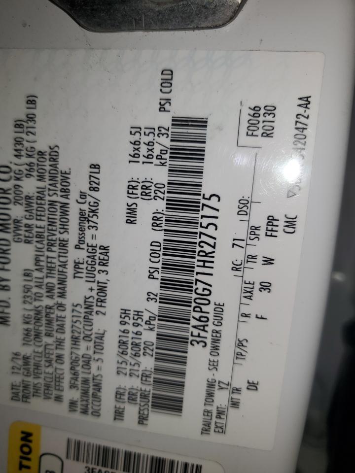 2017 Ford Fusion S Copart, lot number: 56790785, vin: 3FA6P0G71HR275175. Thumbnail 12