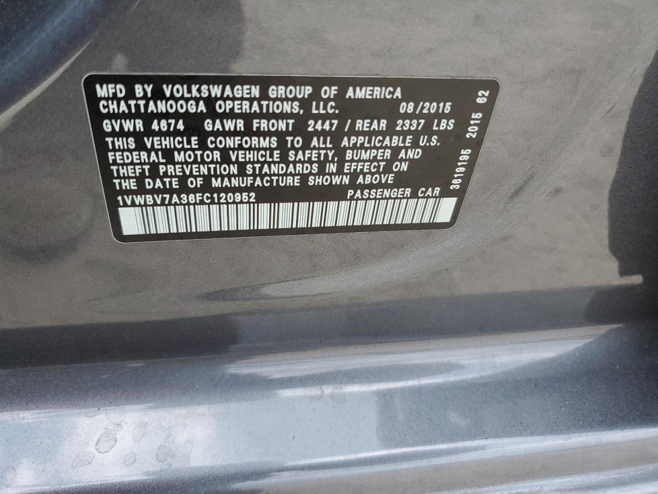 2015 Volkswagen Passat Se Copart, lot number: 55014975, vin: 1VWBV7A36FC120952. Thumbnail 12