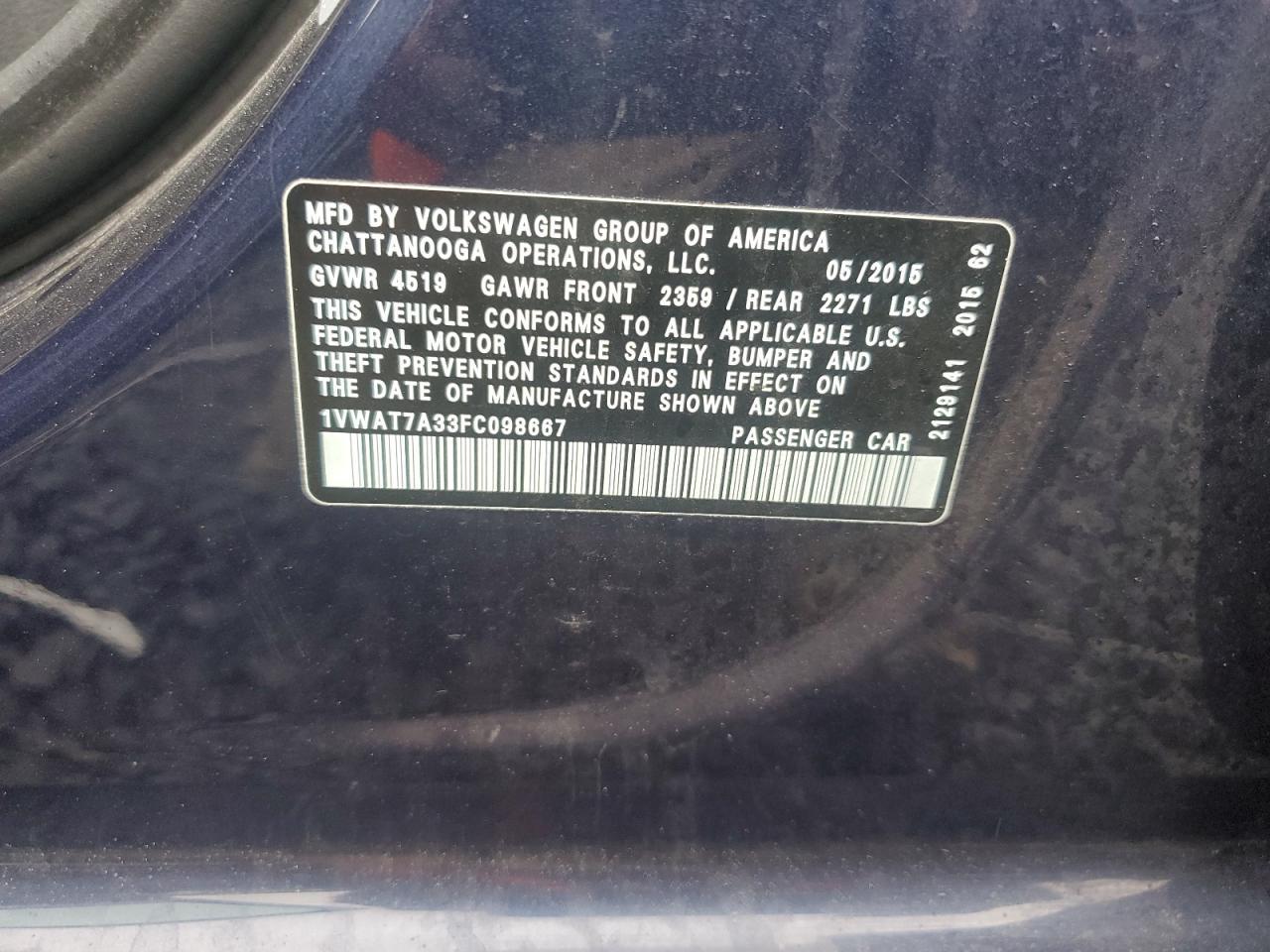 2015 Volkswagen Passat S Copart, lot number: 55490425, vin: 1VWAT7A33FC098667. Thumbnail 12