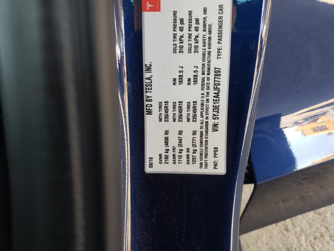 2018 Tesla Model 3 Copart, lot number: 59143845, vin: 5YJ3E1EA4JF077897. Thumbnail 12