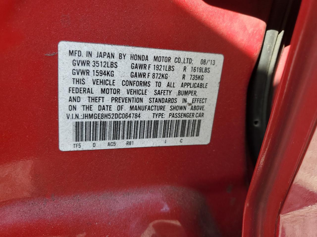 2013 Honda Fit Sport Copart, lot number: 52524355, vin: JHMGE8H52DC064784. Thumbnail 12