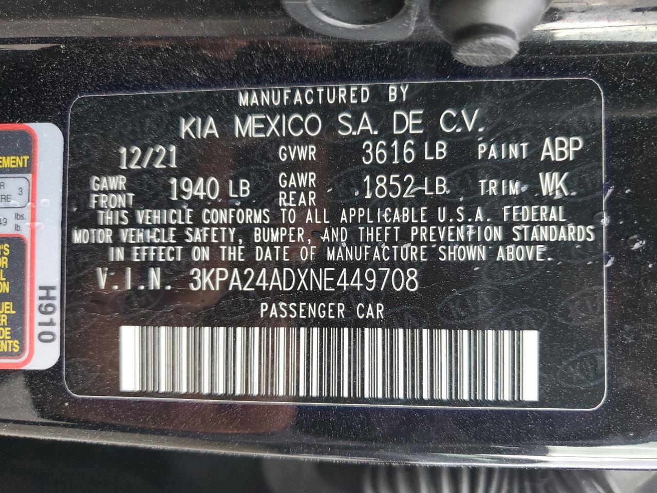 2022 Kia Rio Lx Copart, lot number: 56204735, vin: 3KPA24ADXNE449708. Thumbnail 13