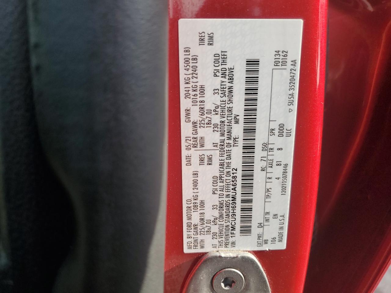 2021 Ford Escape Sel Copart, lot number: 55989305, vin: 1FMCU9H69MUA65812. Thumbnail 12