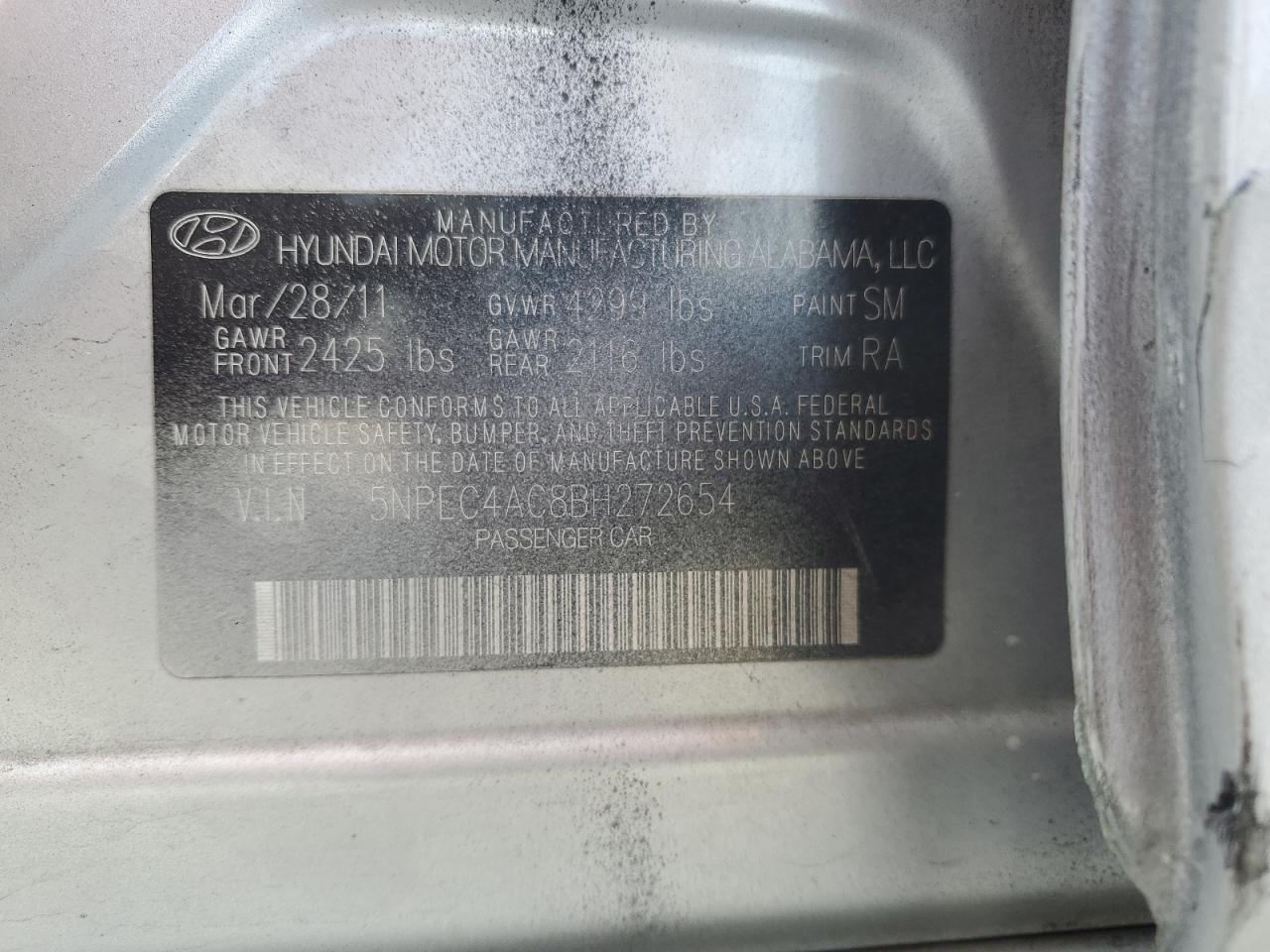 2011 Hyundai Sonata Se Copart, lot number: 56556525, vin: 5NPEC4AC8BH272654. Thumbnail 12