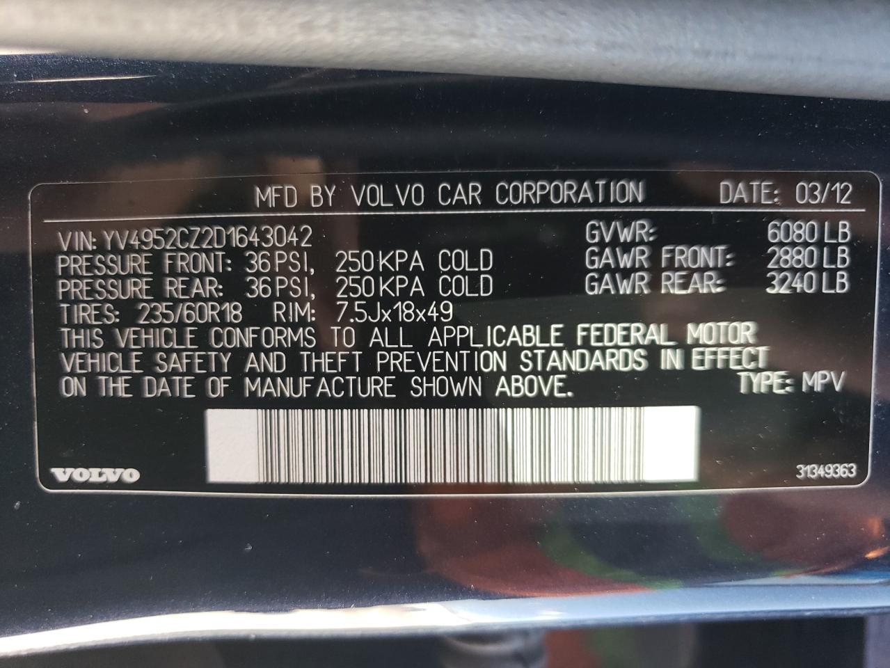 2013 Volvo Xc90 3.2 Copart, lot number: 56314455, vin: YV4952CZ2D1643042. Thumbnail 13