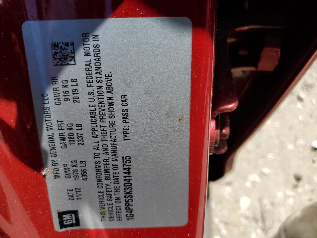 2013 Buick Verano Copart, lot number: 56640505, vin: 1G4PP5SK3D4144755. Thumbnail 12