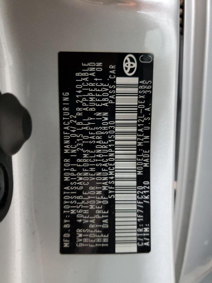 2022 Toyota Corolla Se Copart, lot number: 55465675, vin: 5YFS4MCE0NP115030. Thumbnail 12