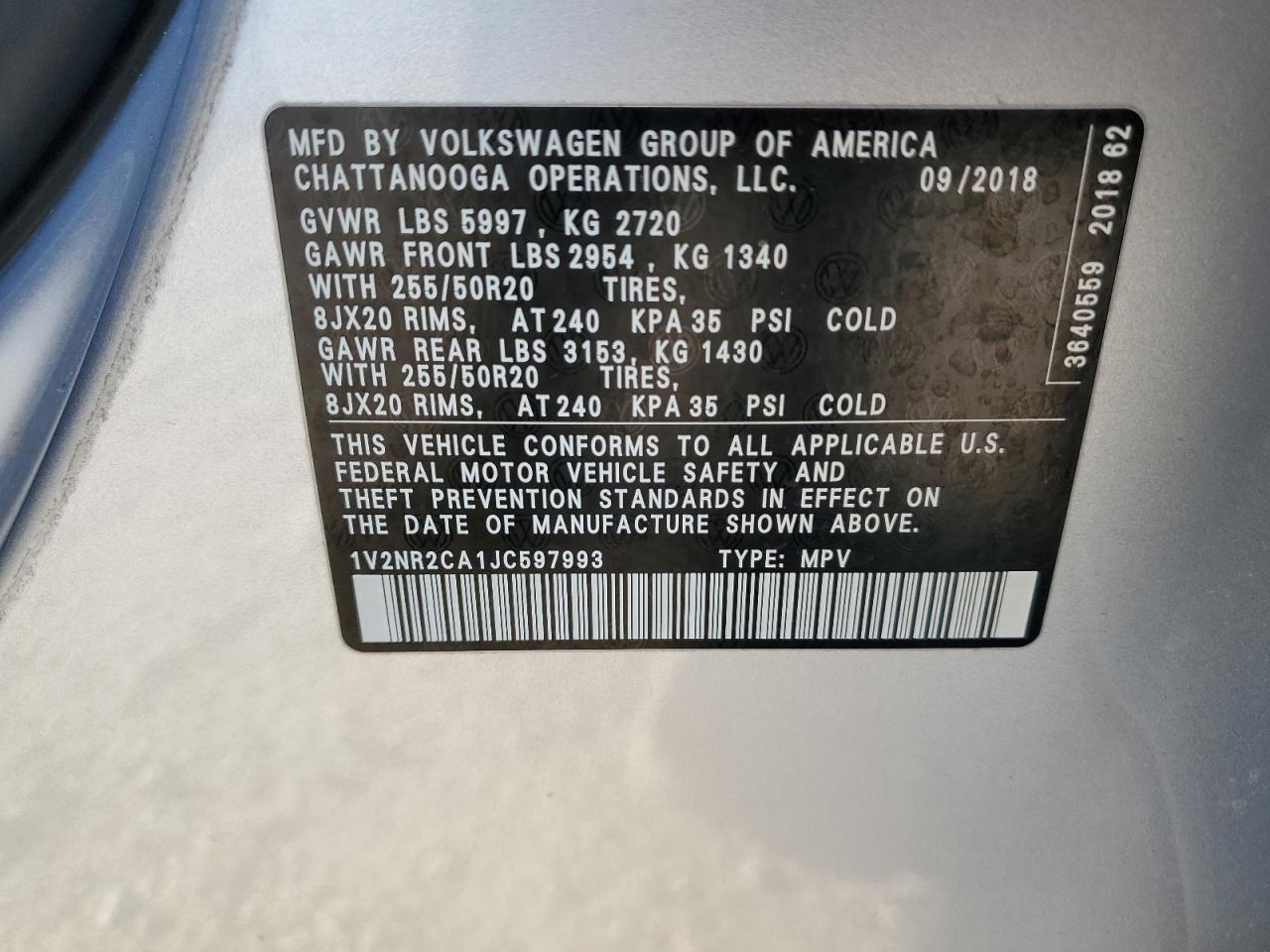 2018 Volkswagen Atlas Sel Premium Copart, lot number: 59015685, vin: 1V2NR2CA1JC597993. Thumbnail 13